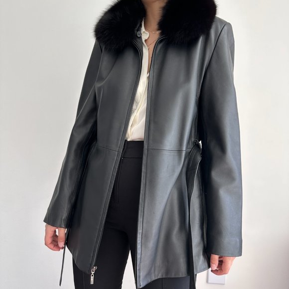 Vintage 100% genuine leather longline belted jacket w fur hood - Picture 6 of 8